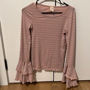 Pink and orange striped shirt with long bell sleeves. Soft cotton, form fitting